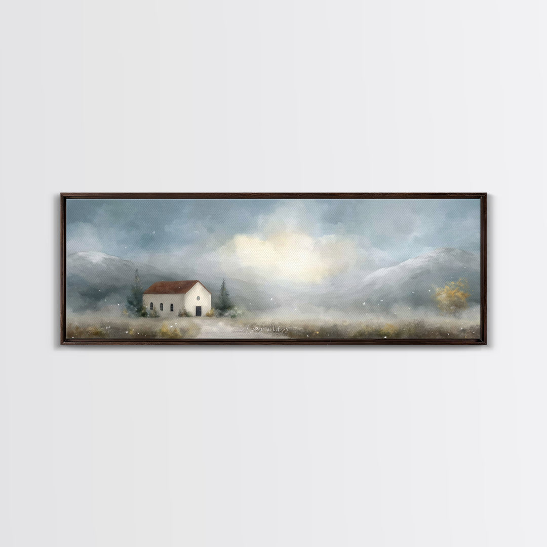 Valley Church Calm, Framed Canvas Print, Panoramic Painting, Christian Art Canvas, Christian Decor, Christian Christmas Art, Christian Wall