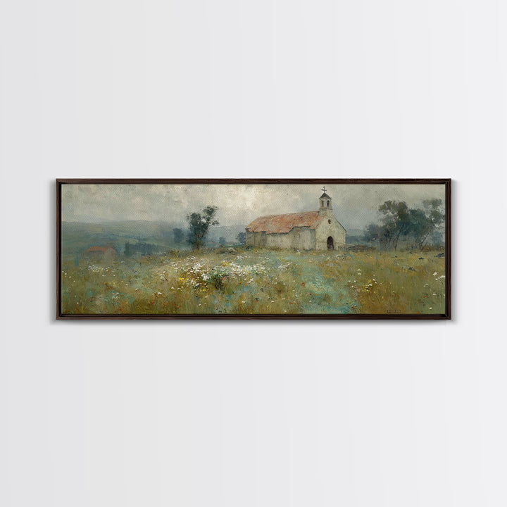 Fieldside Chapel Grace | Framed Canvas Print | Panoramic Wall Art | Christian Art Canvas | Christian Decor | Christian Art | Christmas Art