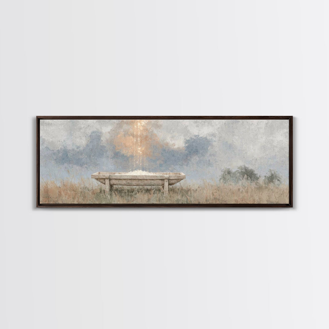 Starborn Manger | Framed Canvas Print | Christmas Wall Art | Christian Christmas Art | Panoramic Frame | Christian Art Canvas | Christmas A