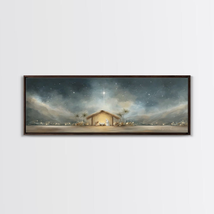 Holy Night Shelter, Framed Canvas Print, Panoramic Wall Art, Christian Art, Christmas Art Prints, Christian Christmas Decor, Jesus Painting