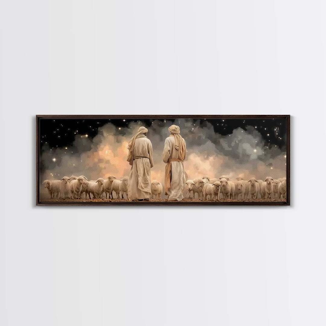 Starry Shepherd Watch – Framed Canvas Print – Panoramic Art – Christian Wall Art – Christian Art Canvas – Christmas Art – Jesus Painting