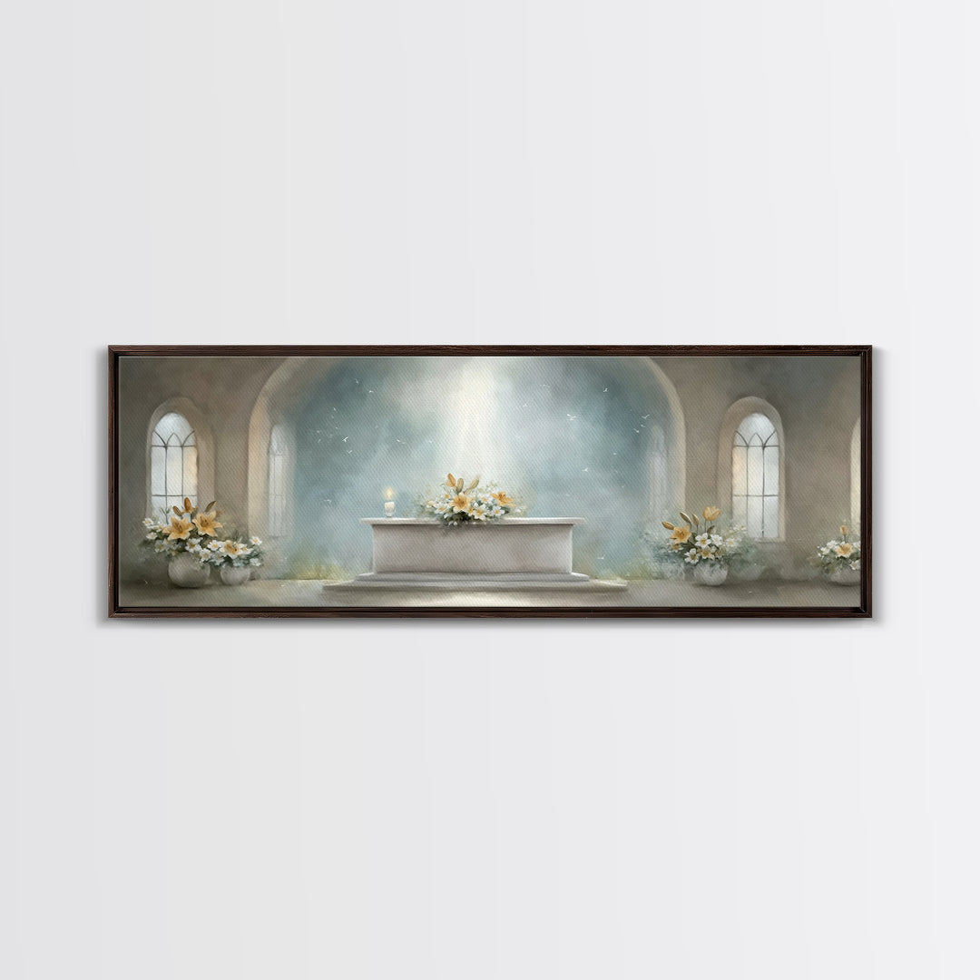 Radiant Sanctuary – Framed Canvas Print – Panoramic Frame – Christian Art Canvas – Christian Wall Art – Christmas Art – Christian Christmas