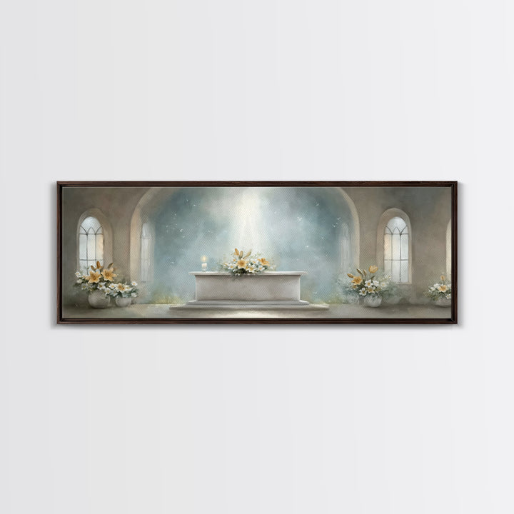 Radiant Sanctuary – Framed Canvas Print – Panoramic Frame – Christian Art Canvas – Christian Wall Art – Christmas Art – Christian Christmas
