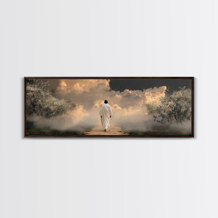 Heavenly Dawn Walk, Framed Canvas Print, Christian Wall Art, Christian Art Canvas, Panoramic Wall Art, Jesus Painting, Christmas Art