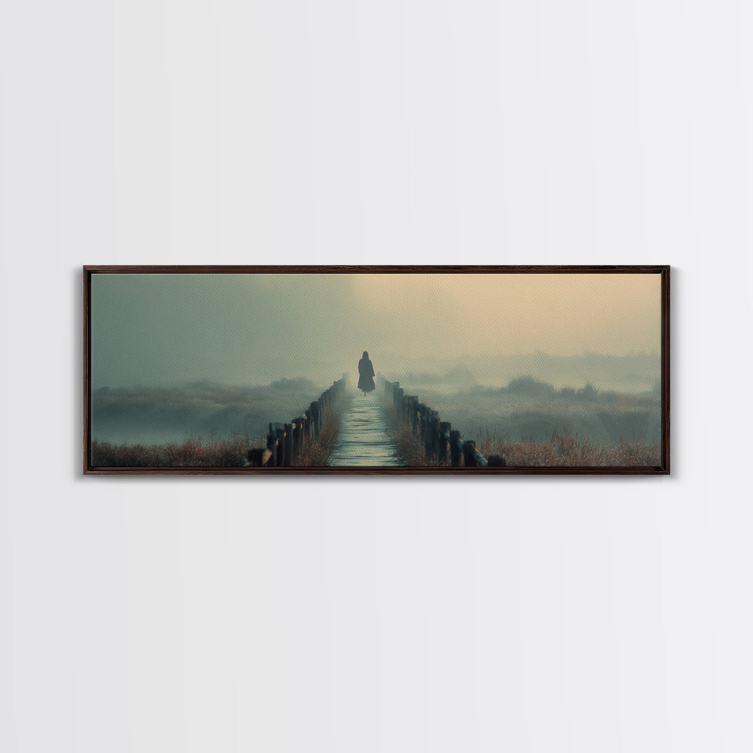Misty Bridge Journey | Framed Canvas Print | Christian Wall Art | Jesus Painting | Panoramic Art | Christian Art Canvas | Christmas Art