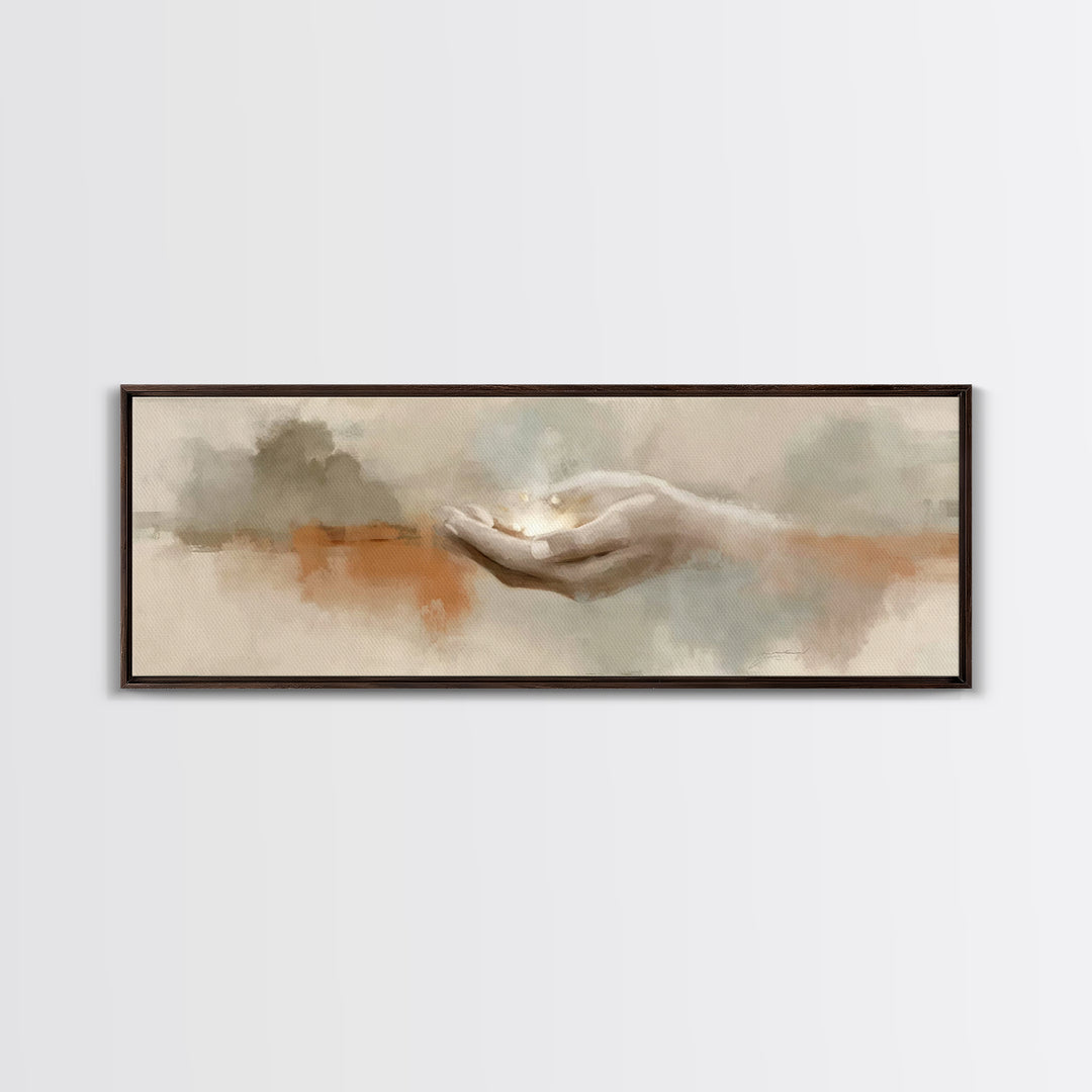 Grace In His Hands, Framed Canvas Print, Panoramic Wall Art, Christian Art Prints, Modern Christian Art, Jesus Art Print, Christian Decor