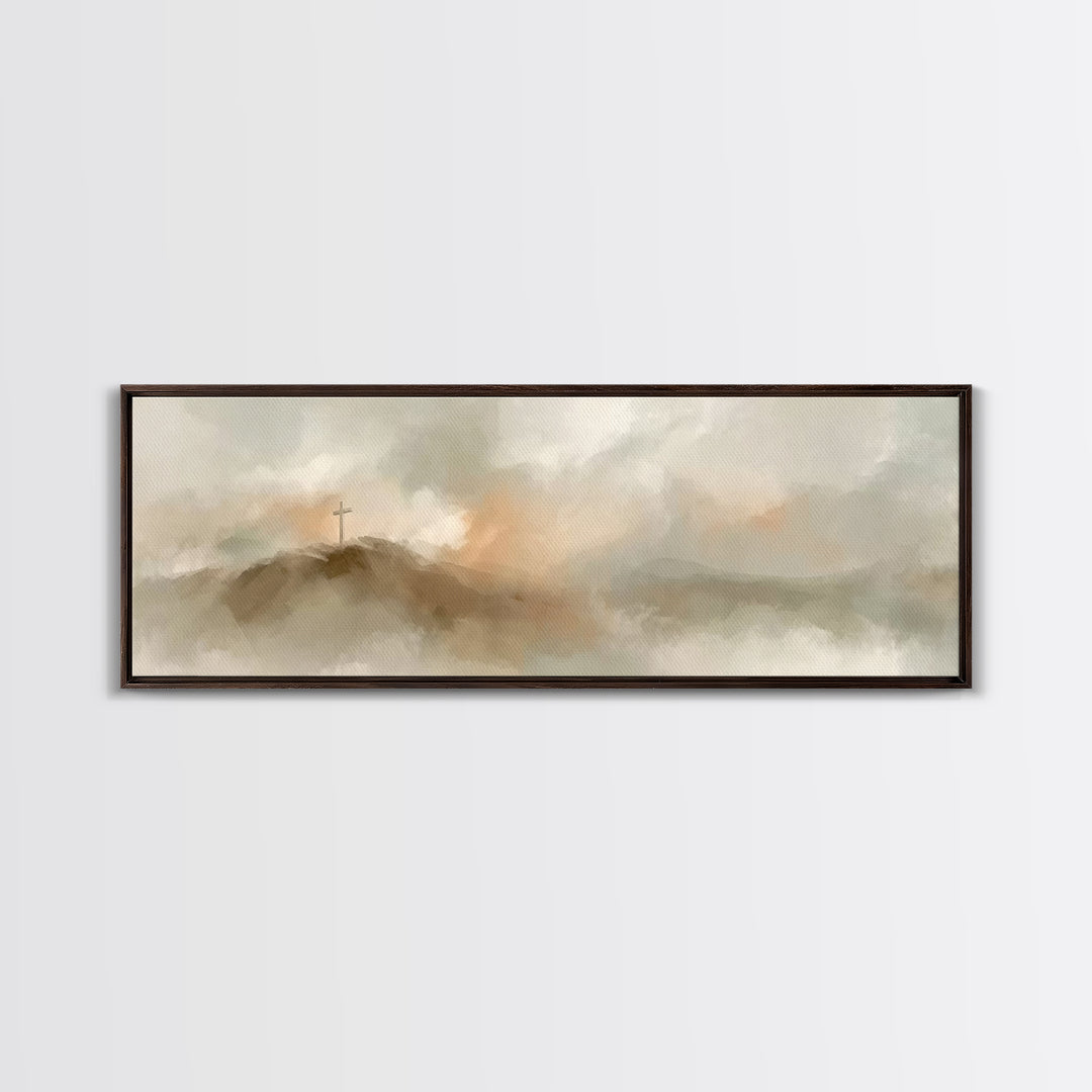 Cross On The Hill – Framed Canvas Print – Christian Art Print – Panoramic Painting – Christian Wall Art – Vintage Christian Art – Christian