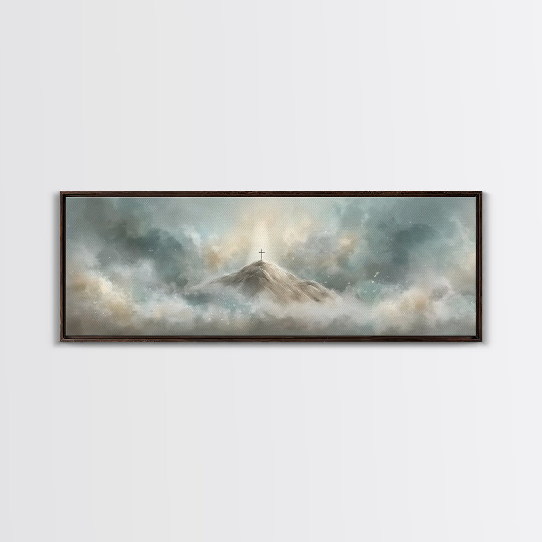 Peaceful Crossrise, Framed Canvas Print, Christian Art Print, Panoramic Painting, Christian Wall Art, Subtle Christian Art, Christian Gift