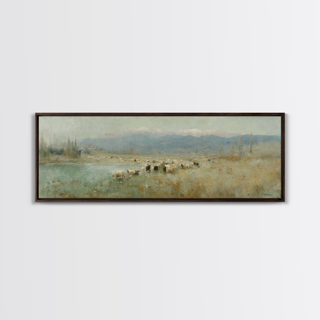 Shepherds At Dawn, Framed Canvas Print, Christian Wall Art, Panoramic Frame, Christian Art Canvas, Subtle Christian Art, Christian Home Dec