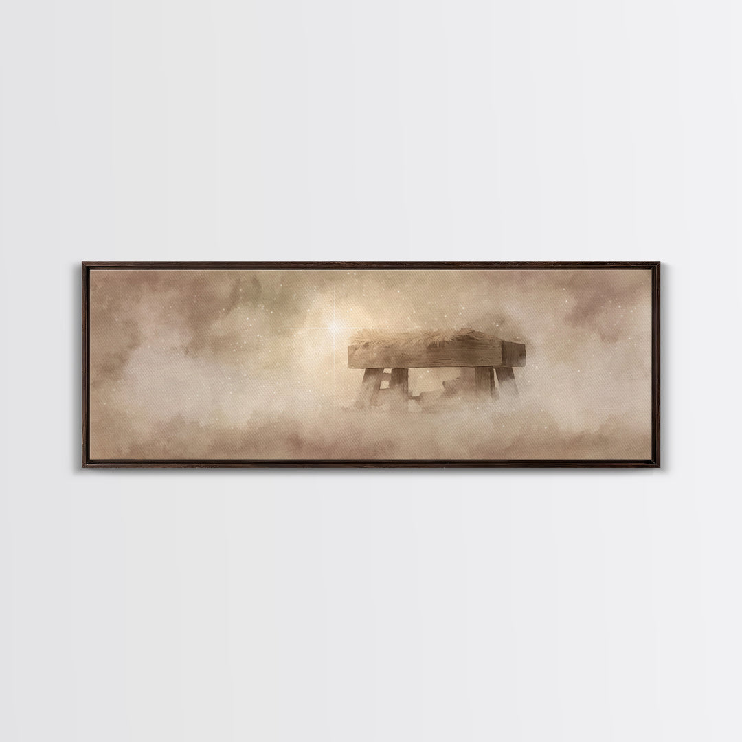 Manger Light Glory, Framed Canvas Print, Christian Art Canvas, Christian Wall Art, Panoramic Painting, Christmas Art Prints, Christian Deco