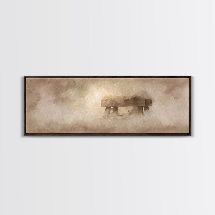 Manger Light Glory, Framed Canvas Print, Christian Art Canvas, Christian Wall Art, Panoramic Painting, Christmas Art Prints, Christian Deco