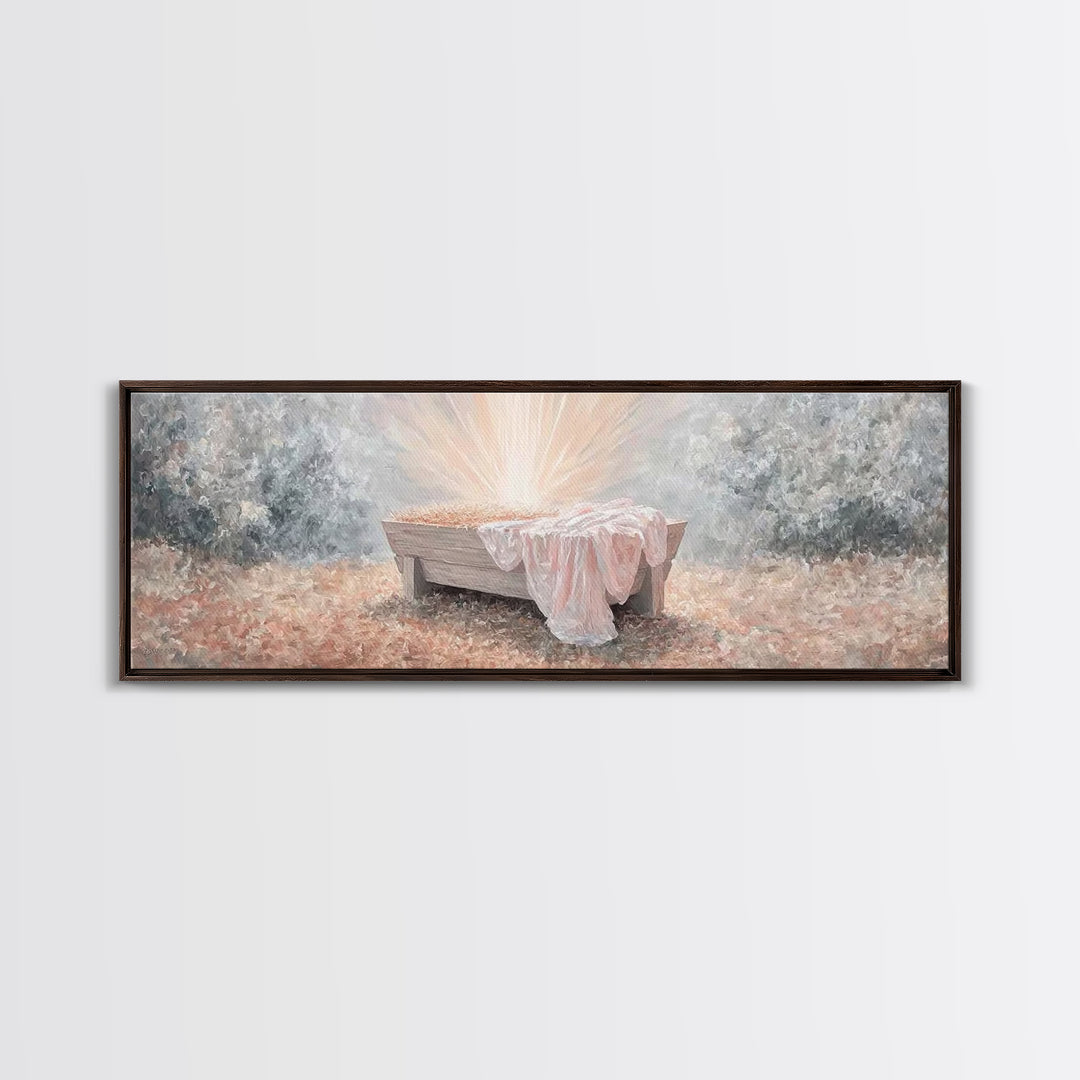 Radiant Manger Joy | Framed Canvas Print | Christian Art Canvas | Panoramic Wall Art | Christmas Wall Art | Christian Decor