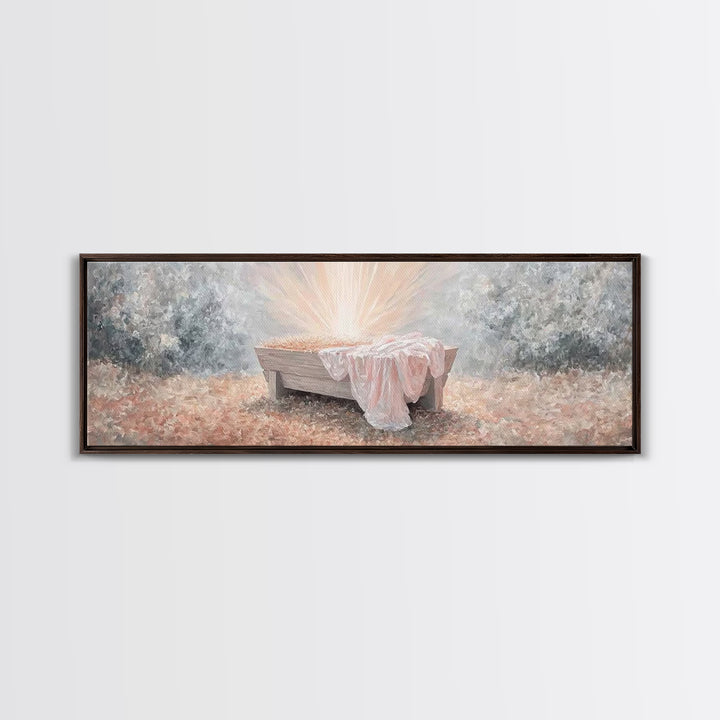 Radiant Manger Joy | Framed Canvas Print | Christian Art Canvas | Panoramic Wall Art | Christmas Wall Art | Christian Decor