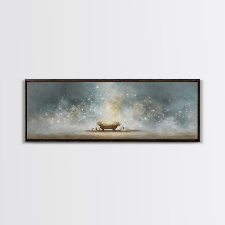 Heavenly Cradle Light, Framed Canvas Print, Panoramic Art, Christian Wall Art, Christmas Art Prints, Christian Art Canvas