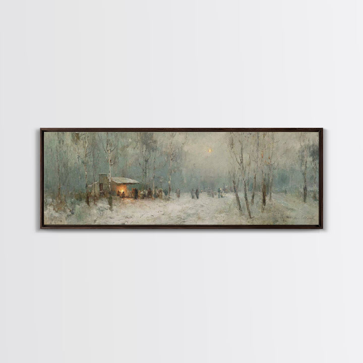 Winter Gathering Glow | Framed Canvas Print | Christian Wall Art | Panoramic Print | Christmas Art | Christian Gift Ideas