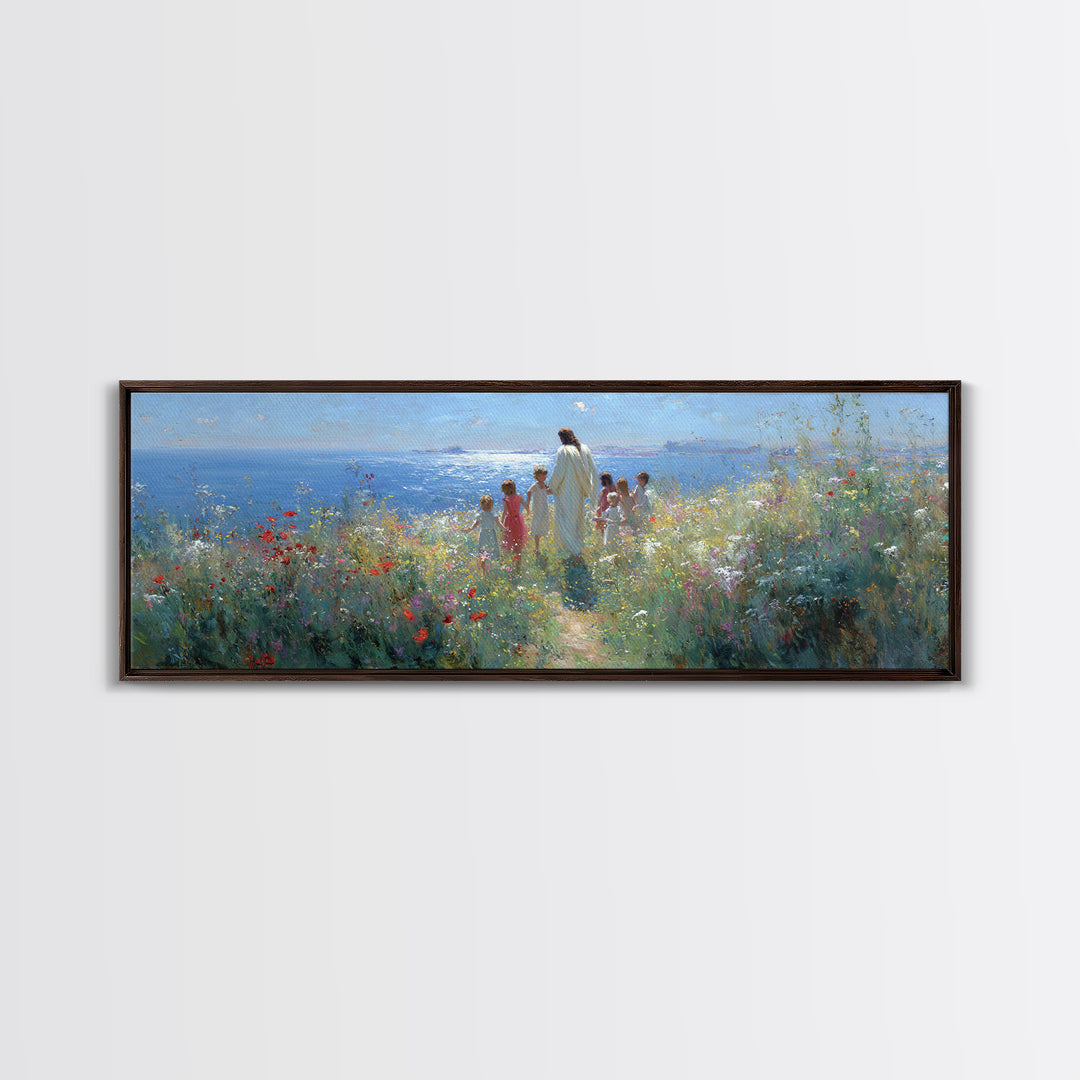 Gentle Dawn Presence | Framed Canvas Print | Christian Wall Art | Panoramic Painting | Christian Art Print | Jesus Painting