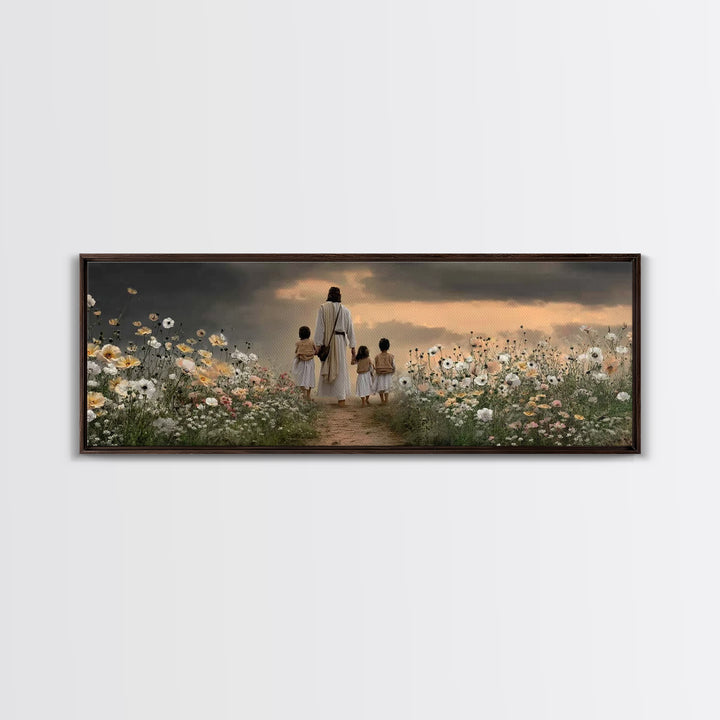 Children Of His Path, Framed Canvas Print, Panoramic Wall Art, Christian Art Canvas, Jesus Painting, Christian Decor For Home