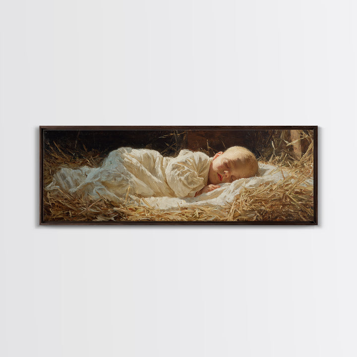 Manger Peace Glow | Framed Canvas Print | Panoramic Painting | Christian Christmas Art | Jesus Art Print | Christmas Wall Art