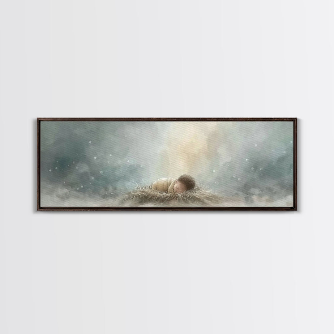Heaven’s Gentle Gift – Framed Canvas Print – Panoramic Art – Christian Christmas Art – Christian Wall Art – Jesus Art Print