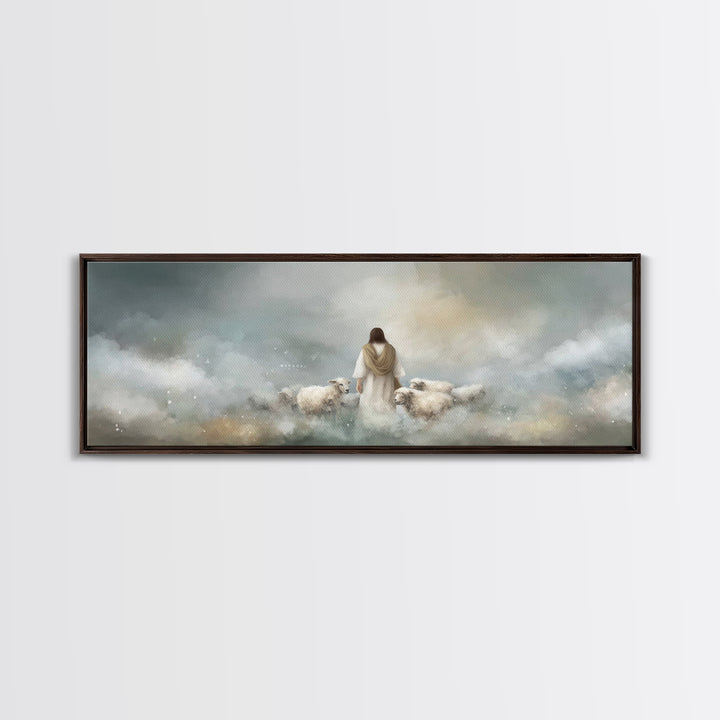 The Gentle Shepherd, Framed Canvas Print, Christian Art Canvas, Jesus Painting, Christian Wall Art, Panoramic Painting, Christian Gift Idea