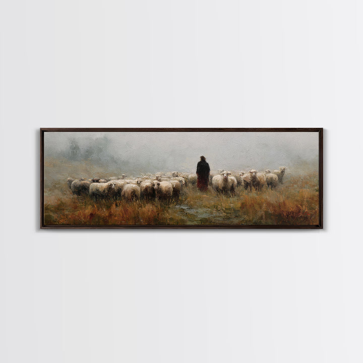 Fields Of His Care – Framed Canvas Print – Christian Art Print – Christian Wall Art – Jesus Painting – Panoramic Wall Art – Christian Chris