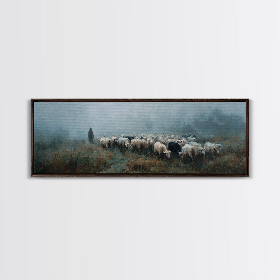 Morning Flock Grace – Framed Canvas Print – Christian Wall Art – Christian Art Canvas – Pastoral Scenery – Panoramic Art – Christian Gift I