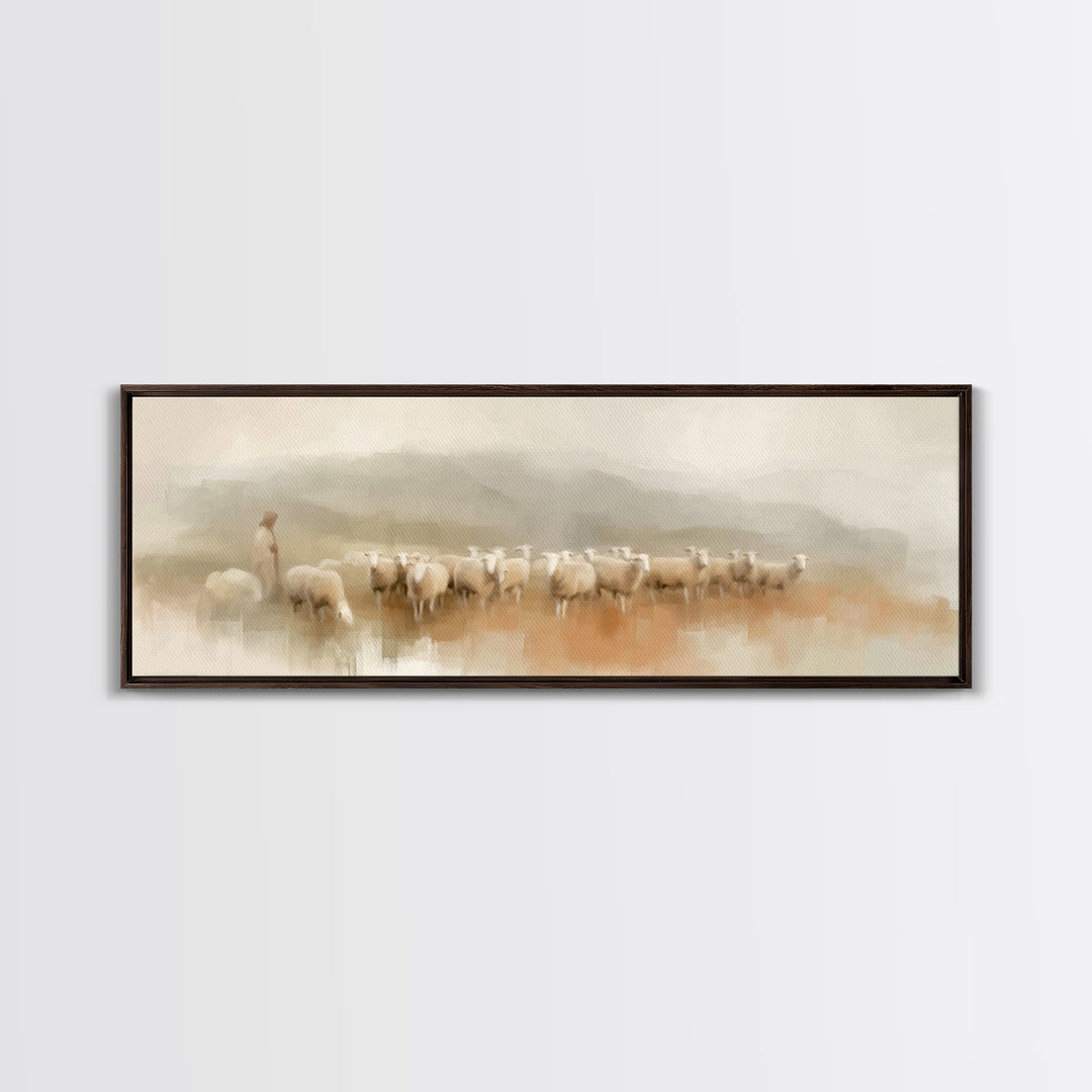 Morning Shepherd Peace, Framed Canvas Print, Panoramic Print, Christian Wall Art, Jesus Painting, Christmas Art