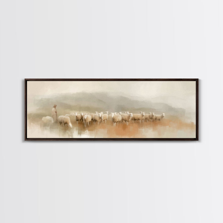 Morning Shepherd Peace, Framed Canvas Print, Panoramic Print, Christian Wall Art, Jesus Painting, Christmas Art