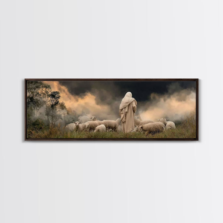 Shepherd’s Calm Dawn – Framed Canvas Print – Panoramic Art – Christian Art – Jesus Painting – Christmas Wall Art
