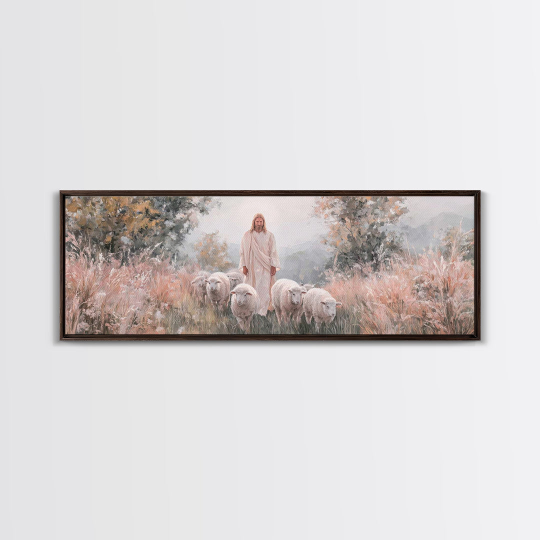 Everlasting Pasture, Framed Canvas Print, Panoramic Wall Art, Christian Art Canvas, Jesus Painting, Christmas Art