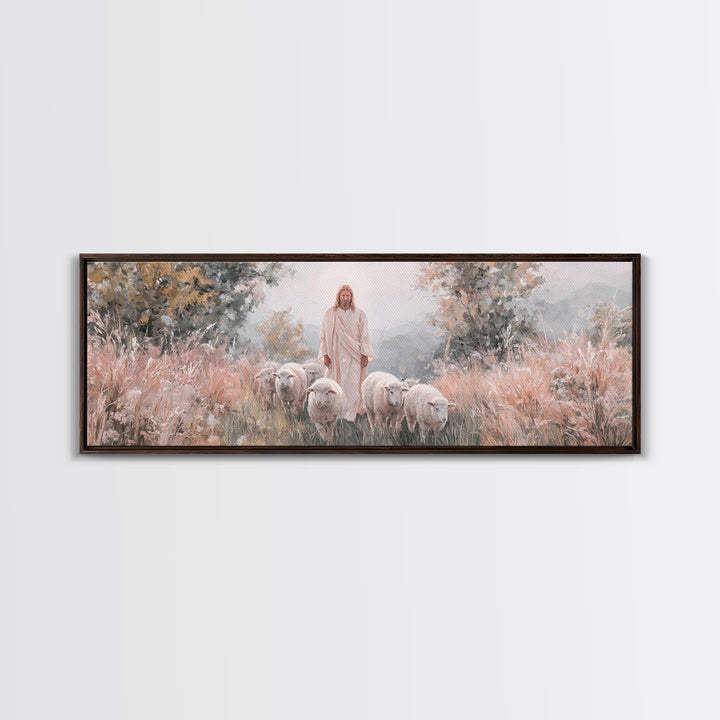 Everlasting Pasture, Framed Canvas Print, Panoramic Wall Art, Christian Art Canvas, Jesus Painting, Christmas Art