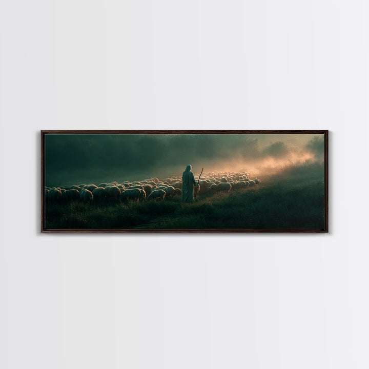 Shepherd’s Gentle Path | Framed Canvas Print | Panoramic Frame | Christian Art | Jesus Painting | Christmas Art
