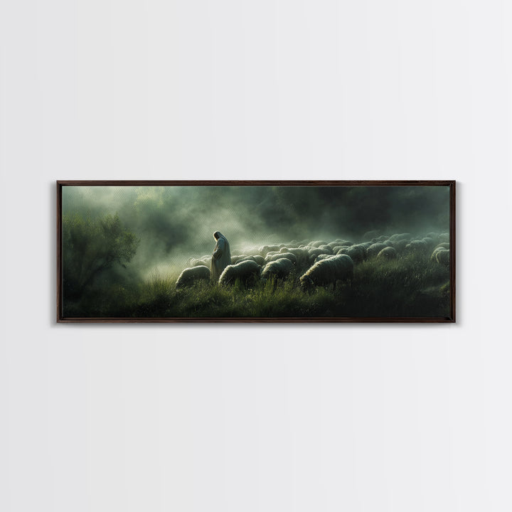 Haven Of The Shepherd, Framed Canvas Print, Panoramic Art, Christian Art Canvas, Jesus Painting, Christmas Decor