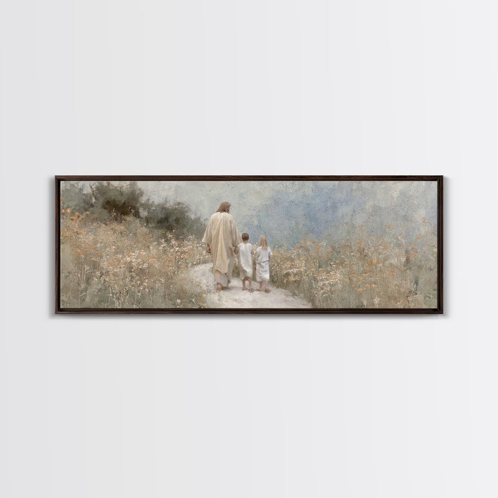 Quiet Meadow Journey, Framed Canvas Print, Panoramic Wall Art, Christian Art Print, Jesus Painting, Christian Art