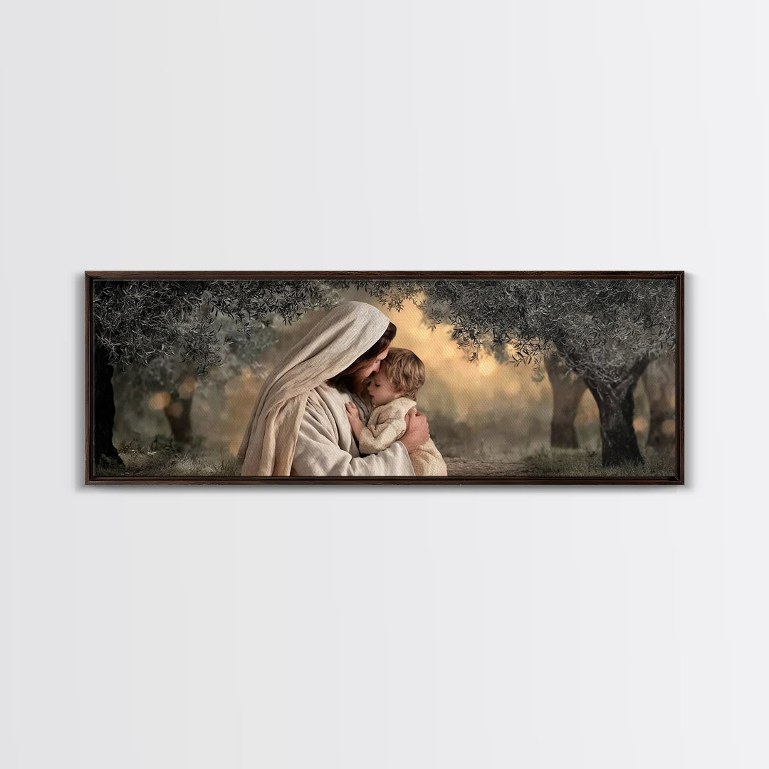 Garden Of Peace, Framed Canvas Print, Christian Wall Art, Jesus Painting, Panoramic Art, Christian Christmas Art, Christian Art Canvas