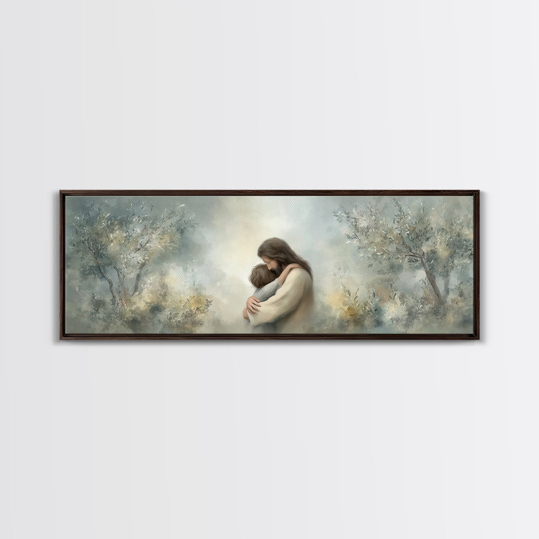 Olive Grove Calm | Framed Canvas Print | Christian Art Canvas | Jesus Painting | Panoramic Art | Christian Wall Art | Christian Gift Ideas