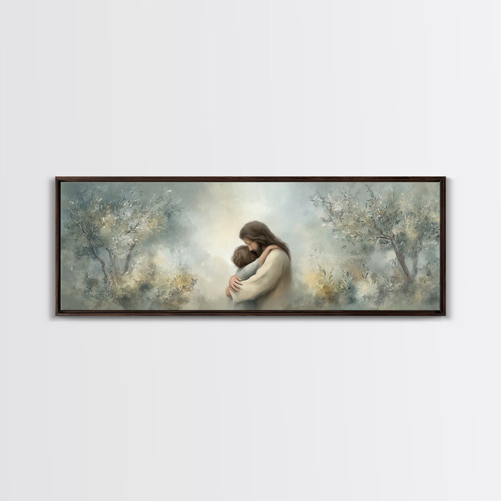 Olive Grove Calm | Framed Canvas Print | Christian Art Canvas | Jesus Painting | Panoramic Art | Christian Wall Art | Christian Gift Ideas