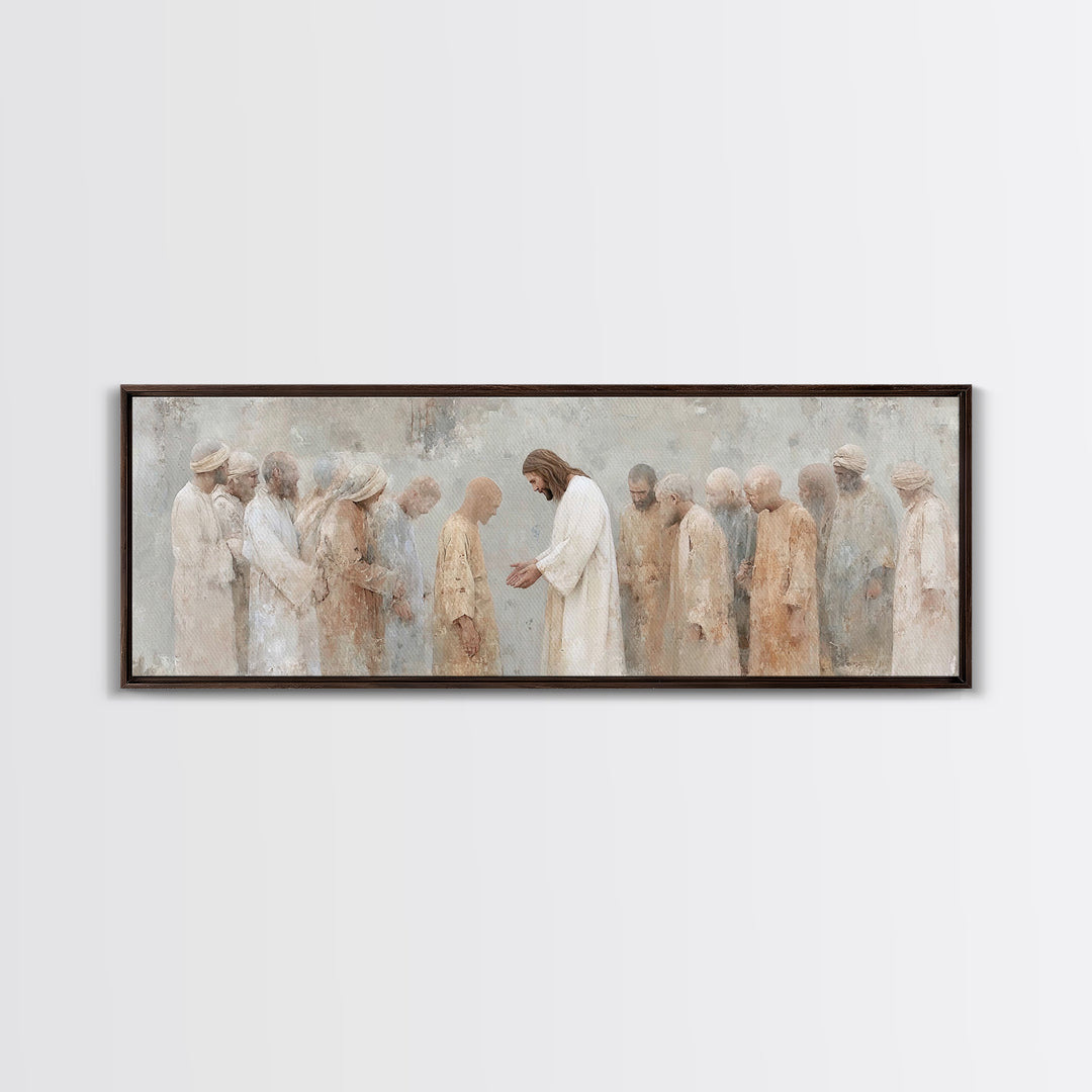 Healing At Dawn, Framed Canvas Print, Christian Art Canvas, Christian Wall Art, Panoramic Frame, Jesus Painting, Christian Art Print