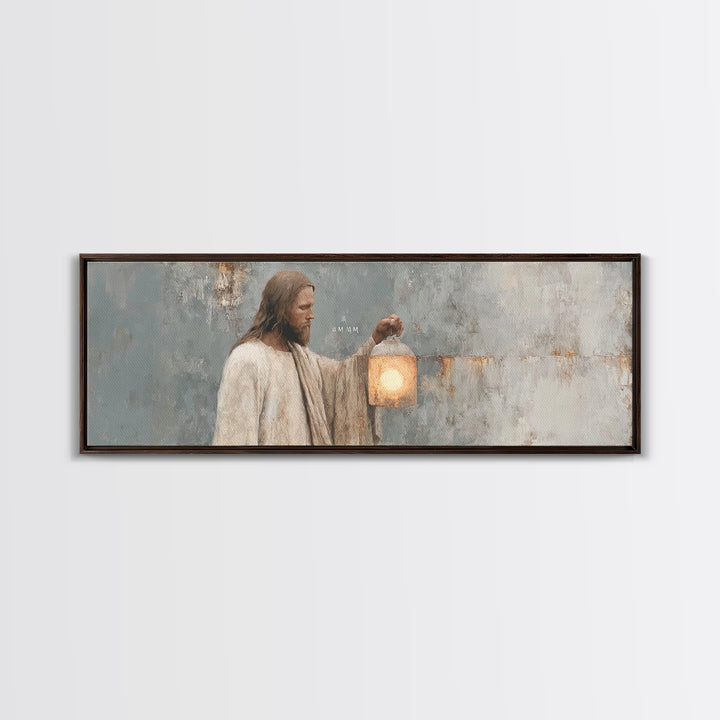 Guiding Lantern Light – Framed Canvas Print – Panoramic Art – Christian Wall Art – Jesus Painting – Christian Art Canvas – Christian Decor