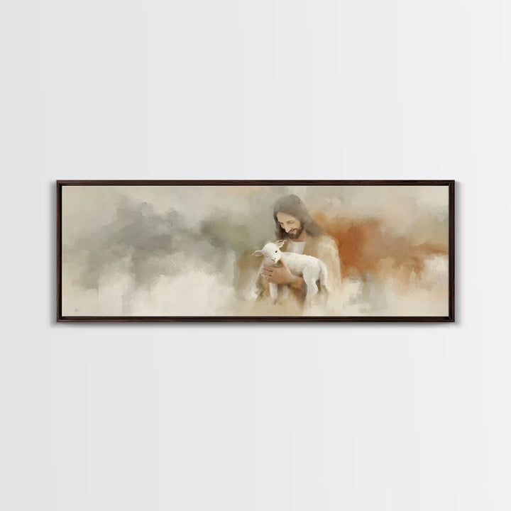 Lamb Of Comfort | Framed Canvas Print | Panoramic Painting | Christian Art Canvas | Jesus Painting | Christian Wall Art | Christian Gift