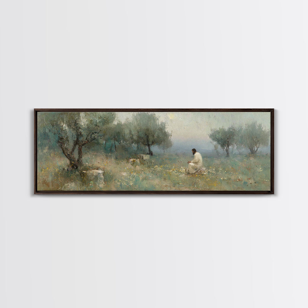 Olive Grove Light – Framed Canvas Print – Jesus Painting – Panoramic Print – Christian Art Canvas – Christian Wall Art – Moody Christian Ar