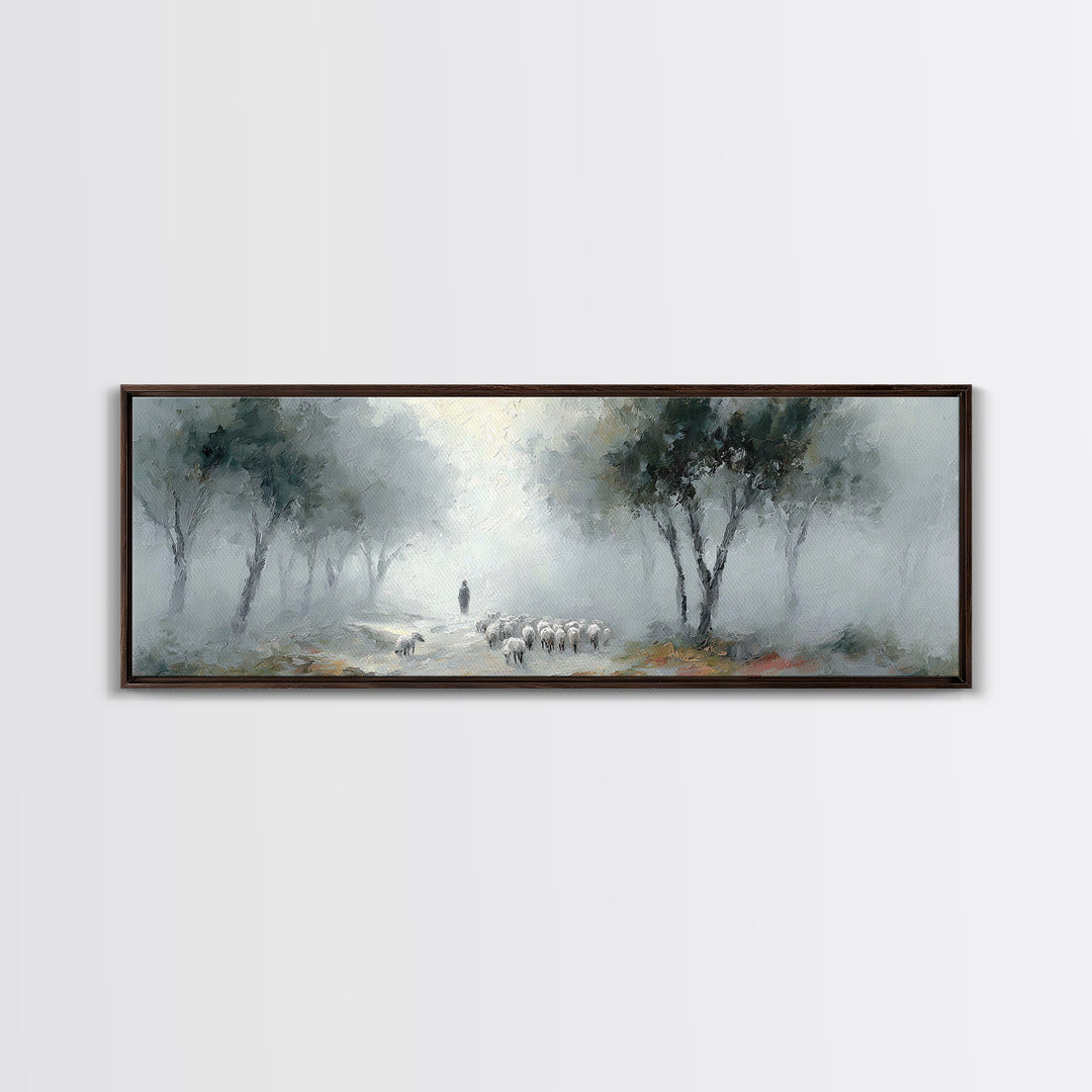Morning Shepherd Calm – Framed Canvas Print – Panoramic Print – Christian Art Work – Christian Christmas Art – Jesus Painting – Christian D