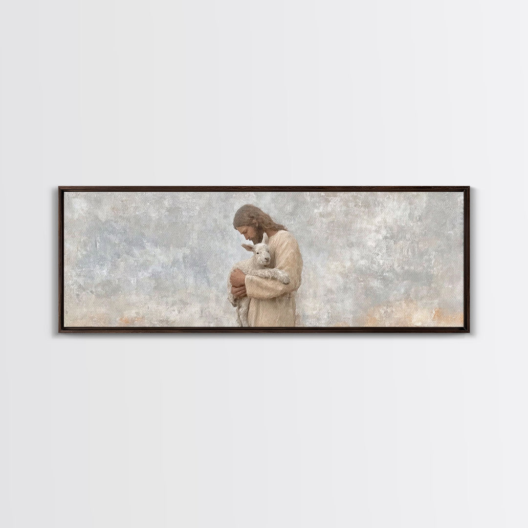 Lamb Of Comfort – Framed Canvas Print – Panoramic Wall Art – Jesus Christmas Art – Christian Art Print – Christmas Canvas Wall Art – Christ