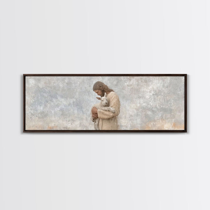 Lamb Of Comfort – Framed Canvas Print – Panoramic Wall Art – Jesus Christmas Art – Christian Art Print – Christmas Canvas Wall Art – Christ
