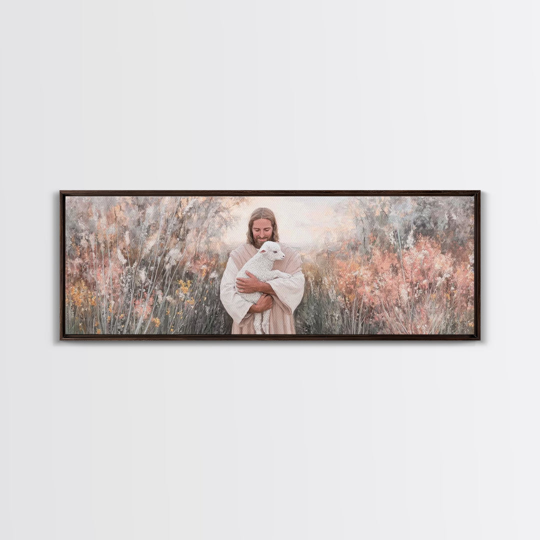 Compassionate Shepherd, Framed Canvas Print, Panoramic Print, Jesus Canvas Art, Christian Wall Art, Christmas Art Prints, Modern Christian