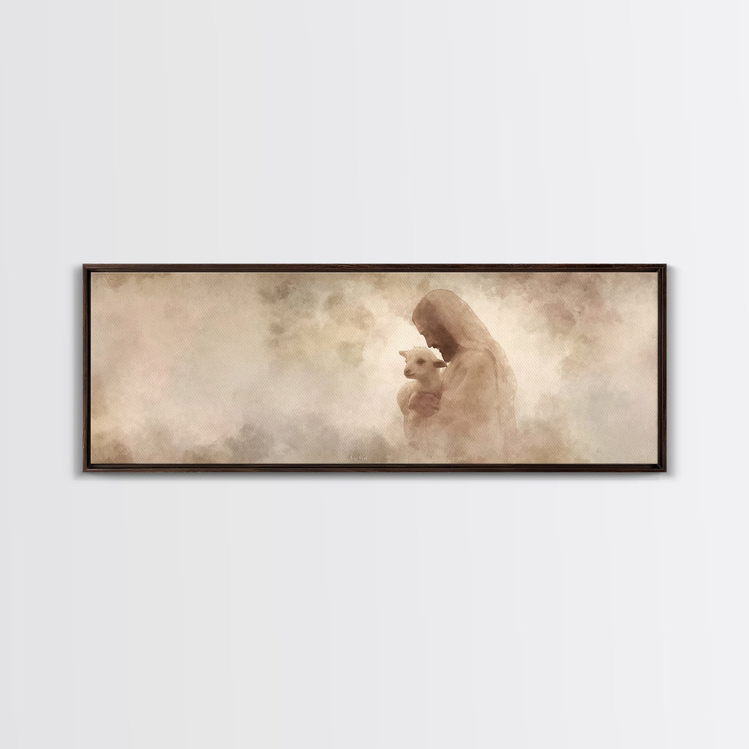 Tender Shepherd Love | Framed Canvas Print | Panoramic Wall Art | Jesus Painting | Christian Art Print | Christian Christmas Art | Modern C