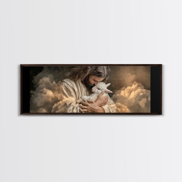 Sacred Lamb Embrace – Framed Canvas Print – Panoramic Frame – Christian Art Canvas – Jesus Wall Art – Christmas Art Work – Christian Gift I