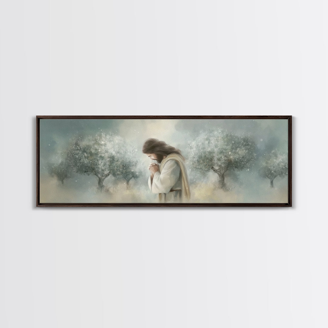Olive Grove Prayer – Framed Canvas Print – Panoramic Painting – Christian Art Canvas – Jesus Painting – Christmas Wall Art – Subtle Christi