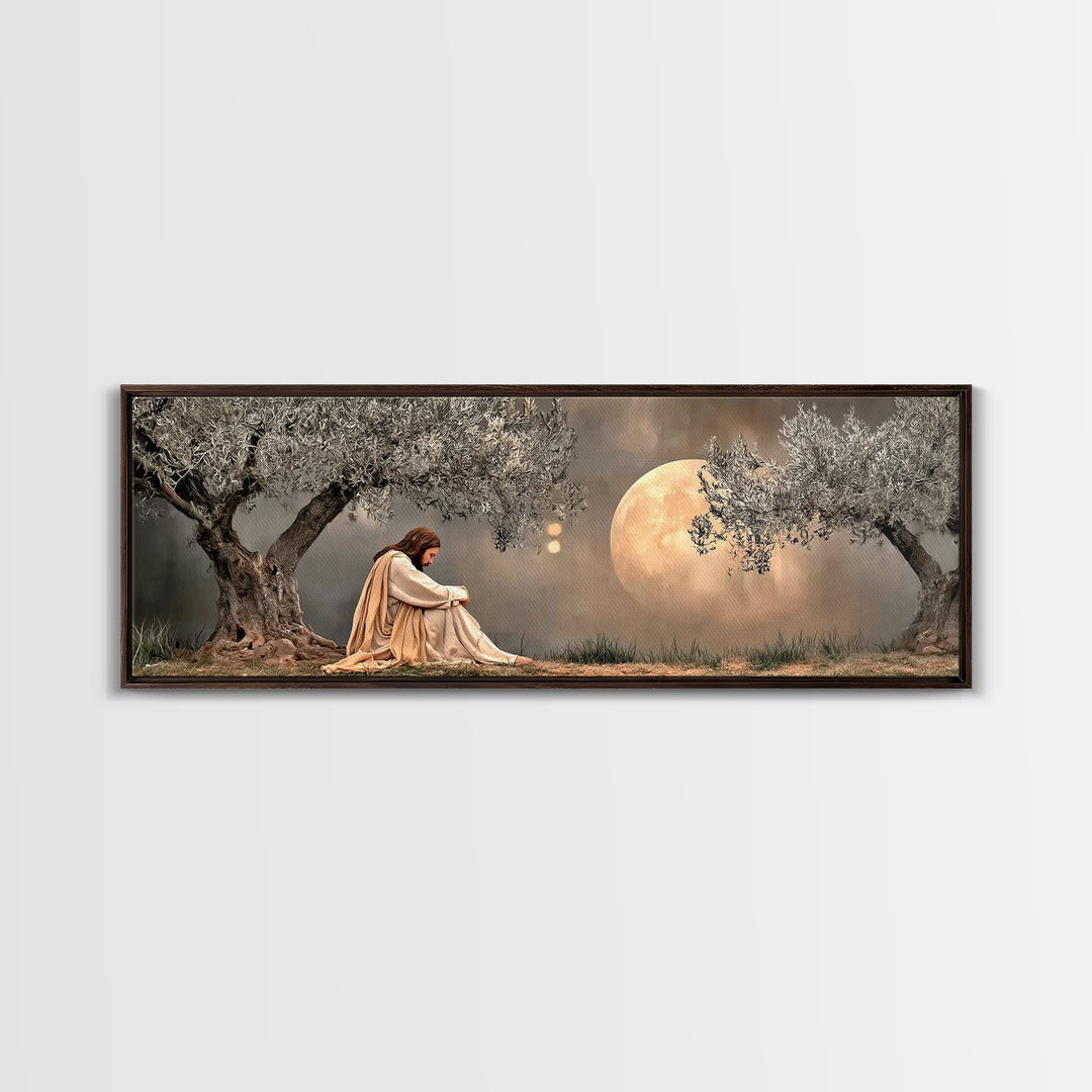 Moonlit Garden Prayer, Framed Canvas Print, Panoramic Painting, Jesus Painting Canvas, Christian Art Canvas, Christian Wall Art, Christmas