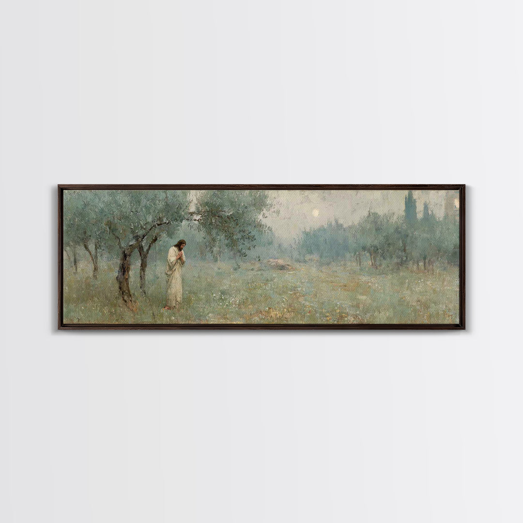 Olive Grove Prayer, Framed Canvas Print, Panoramic Wall Art, Christian Art Canvas, Jesus Painting, Christian Wall Art, Christian Christmas
